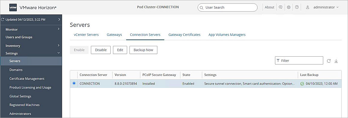Screenshot of the connection servers page.